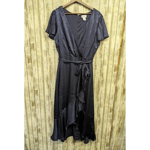 Nicole Miller Navy Blue Satin Faux Wrap High Low Midi Dress Belted Flutter Sz 10 - Picture 1 of 11